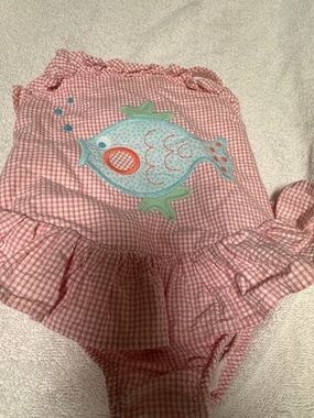 Pink Gingham One-Piece Swim Suit with Fish Appliqué